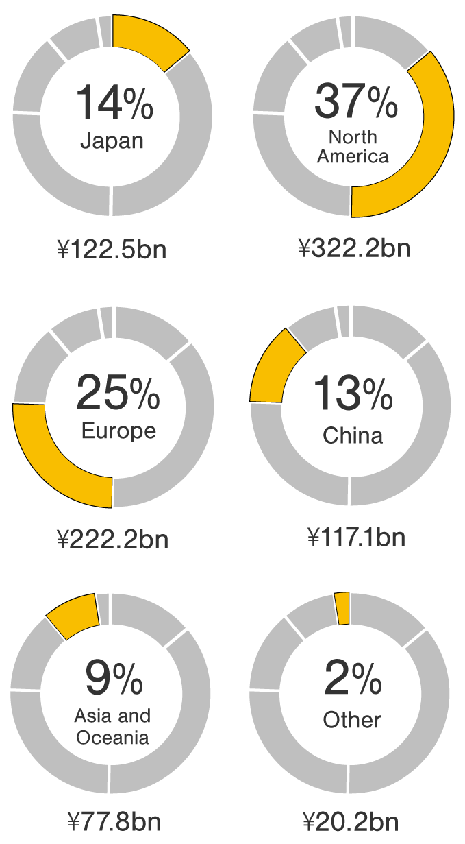 Fiscal year ended March 2023: Consolidated revenue 881.9 billion Yen. Japan 122.5 billion Yen 14%, North America 322.2 billion Yen 37%, Europe 222.2 billion Yen 25%, China 117.1 billion Yen 13%, Asia and Oceania 77.8 billion Yen 9%, Other Region 20.2 billion Yen 2%.