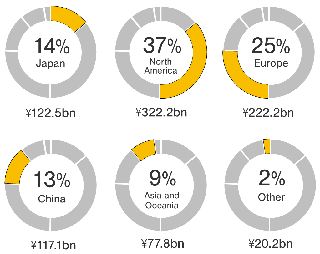 Fiscal year ended March 2023: Consolidated revenue 881.9 billion Yen. Japan 122.5 billion Yen 14%, North America 322.2 billion Yen 37%, Europe 222.2 billion Yen 25%, China 117.1 billion Yen 13%, Asia and Oceania 77.8 billion Yen 9%, Other Region 20.2 billion Yen 2%.